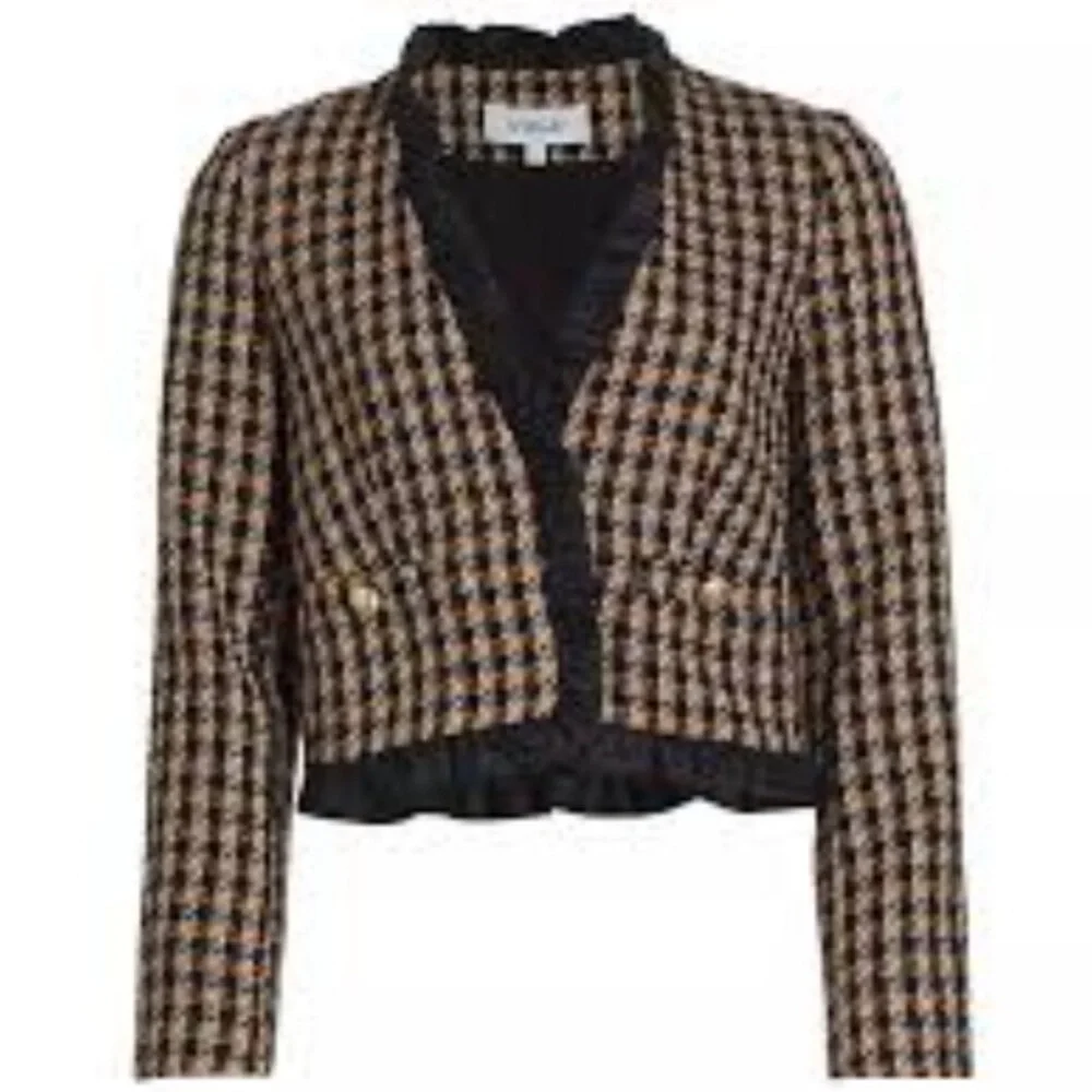 10 Crosby Derek Lam Tweed Checkered Black & Gold Ruffle Blazer size 16 - Picture 3 of 13